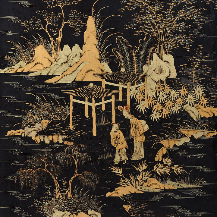 Artwork Detail From Gilt Black Lacquer Chinoiserie Table Cabinet With Ivory Handles And Painted Landscape Scenes