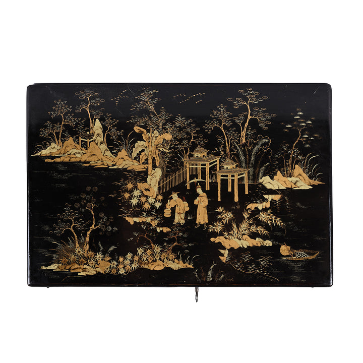 Top Down View Of Gilt Black Lacquer Chinoiserie Table Cabinet With Ivory Handles And Painted Landscape Scenes