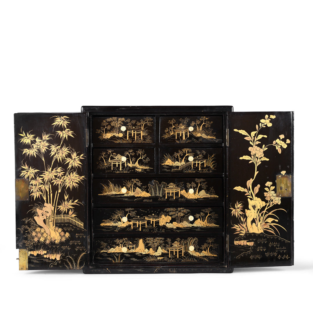 Open Doors View Of Gilt Black Lacquer Chinoiserie Table Cabinet With Ivory Handles And Painted Landscape Scenes