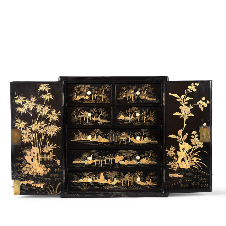 Open Doors View Of Gilt Black Lacquer Chinoiserie Table Cabinet With Ivory Handles And Painted Landscape Scenes