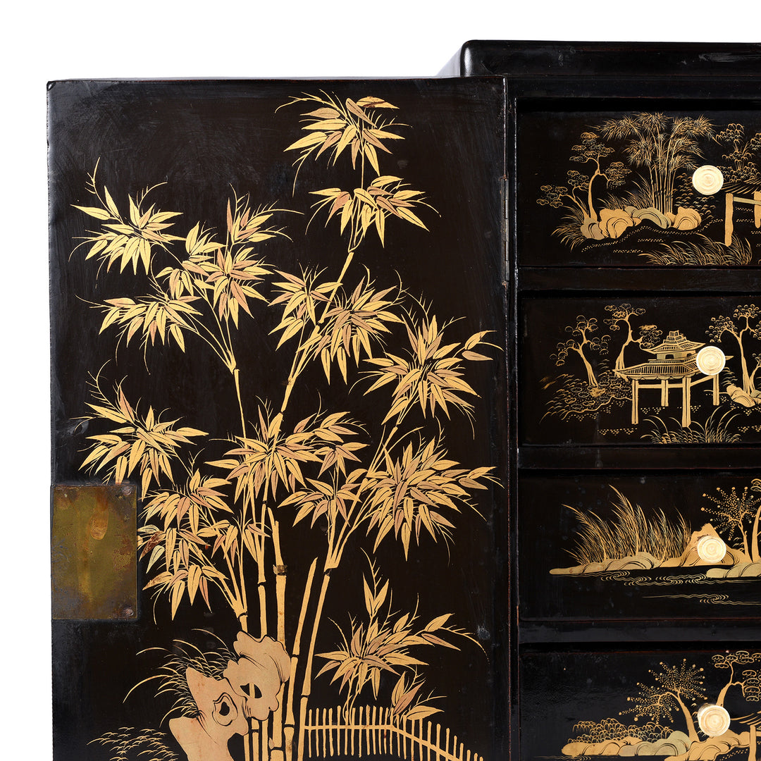 Doors Detail From Gilt Black Lacquer Chinoiserie Table Cabinet With Ivory Handles And Painted Landscape Scenes