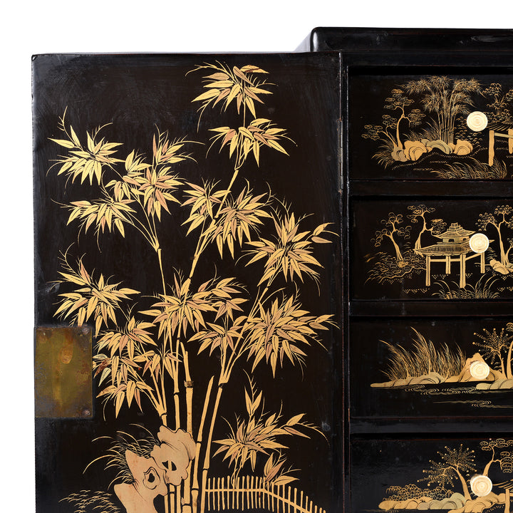 Doors Detail From Gilt Black Lacquer Chinoiserie Table Cabinet With Ivory Handles And Painted Landscape Scenes