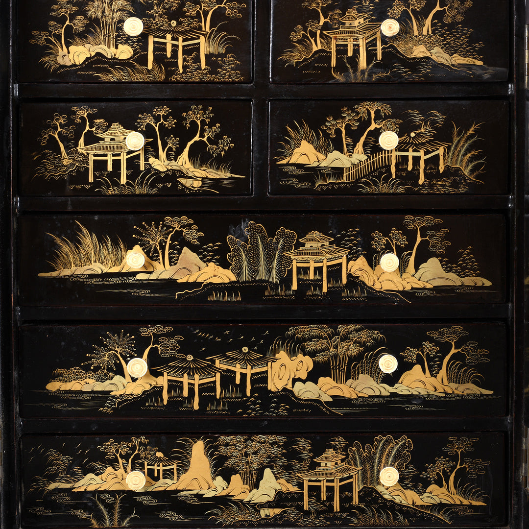 Artwork Detail From Gilt Black Lacquer Chinoiserie Table Cabinet With Ivory Handles And Painted Landscape Scenes