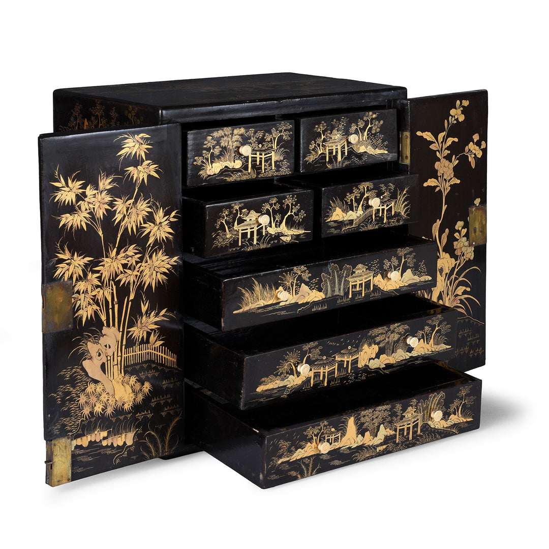 Open Drawers View Of Gilt Black Lacquer Chinoiserie Table Cabinet With Ivory Handles And Painted Landscape Scenes