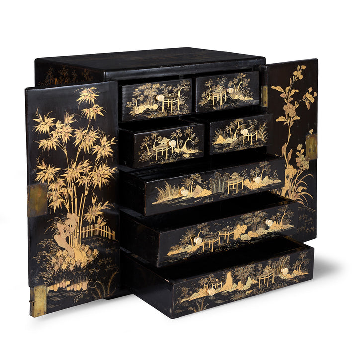 Open Drawers View Of Gilt Black Lacquer Chinoiserie Table Cabinet With Ivory Handles And Painted Landscape Scenes