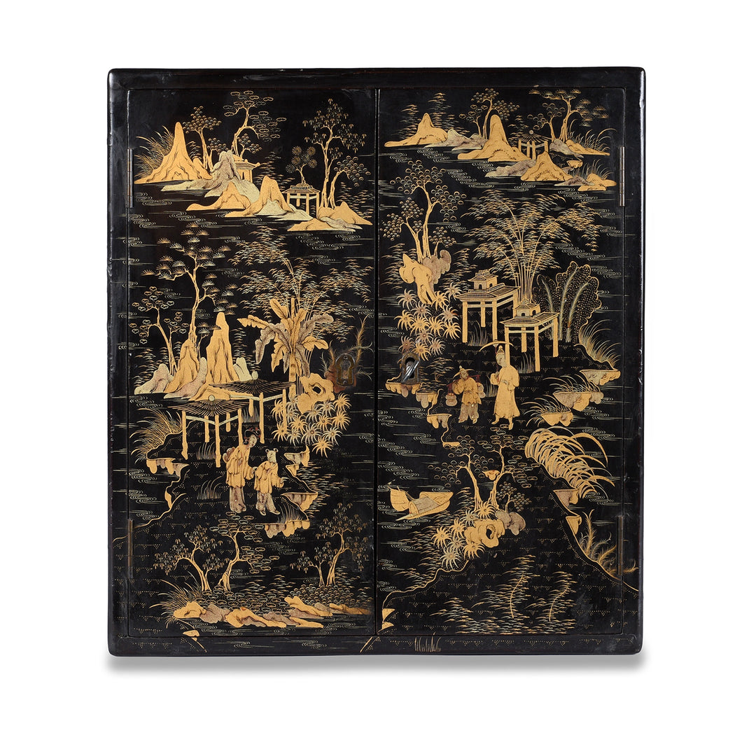 Gilt Black Lacquer Chinoiserie Table Cabinet With Ivory Handles And Painted Landscape Scenes