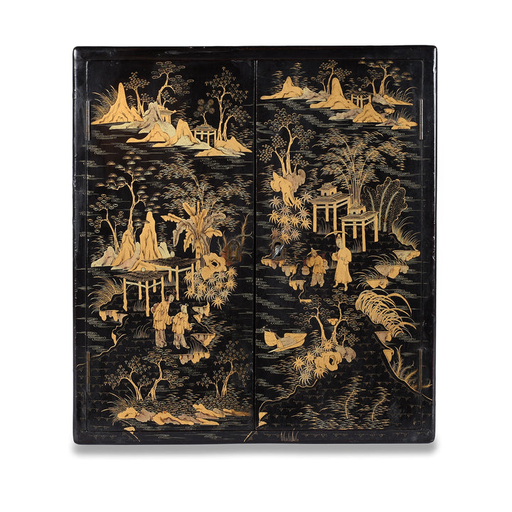 Gilt Black Lacquer Chinoiserie Table Cabinet With Ivory Handles And Painted Landscape Scenes