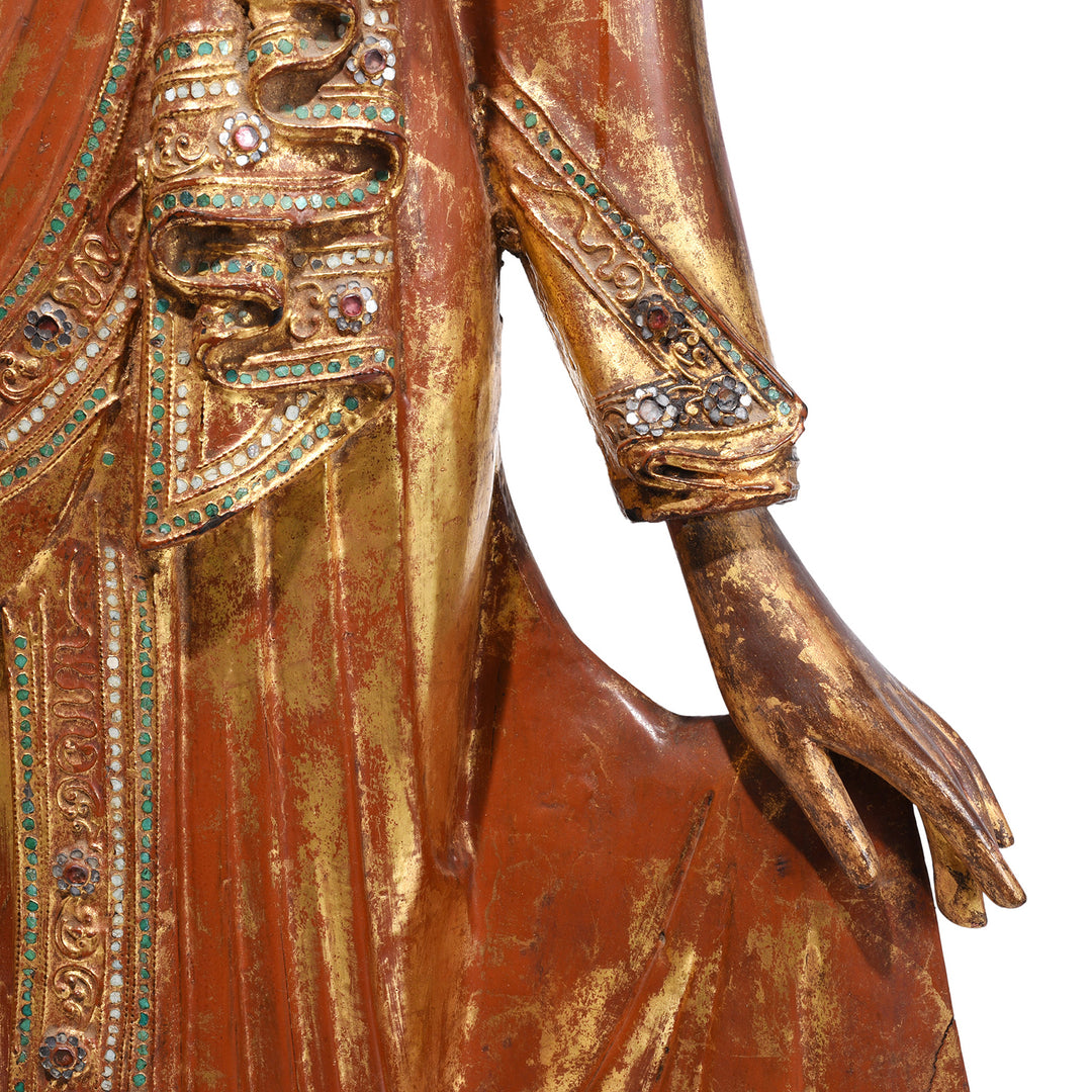 Hand Detail From Gilded Teak Standing Mandalay Buddha From Burma With Inlaid Glass And Myrobalan Fruit