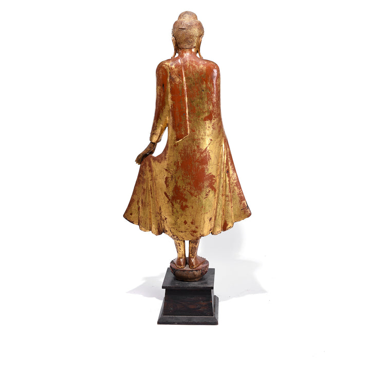 Back View Of Gilded Teak Standing Mandalay Buddha From Burma With Inlaid Glass And Myrobalan Fruit