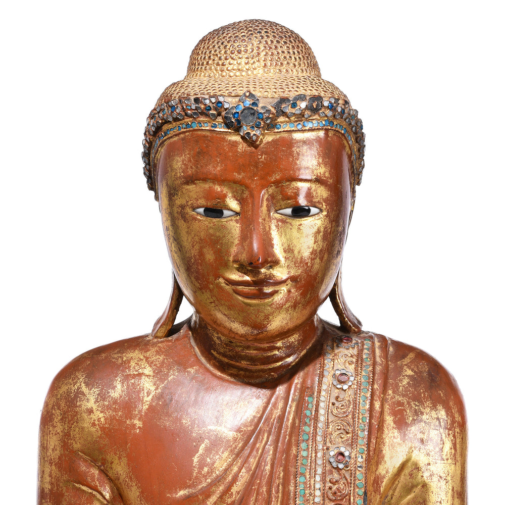 Face Detail From Gilded Teak Standing Mandalay Buddha From Burma With Inlaid Glass And Myrobalan Fruit