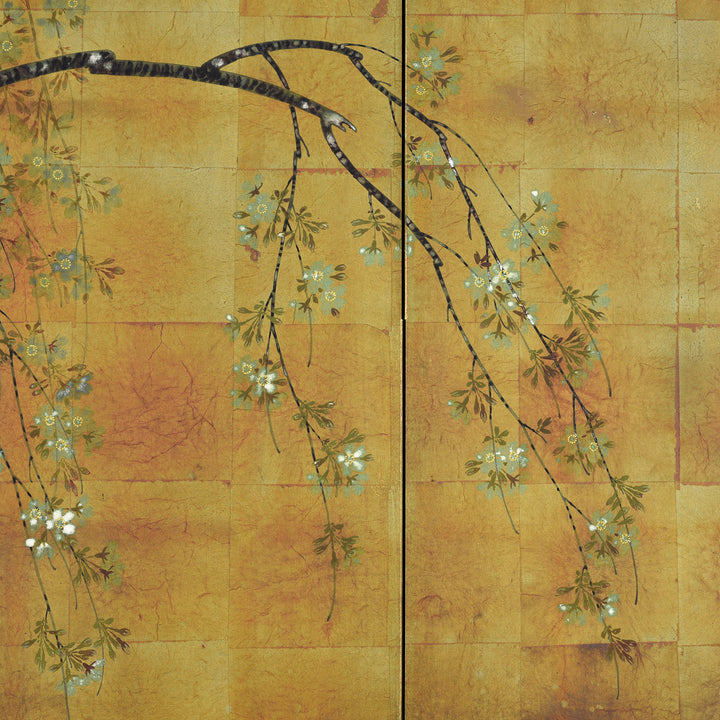 Trailing Branches Detail From Antique Japanese Four-Panel Rinpa Screen With Blossoming Tree Branch on Gold-Leaf Background