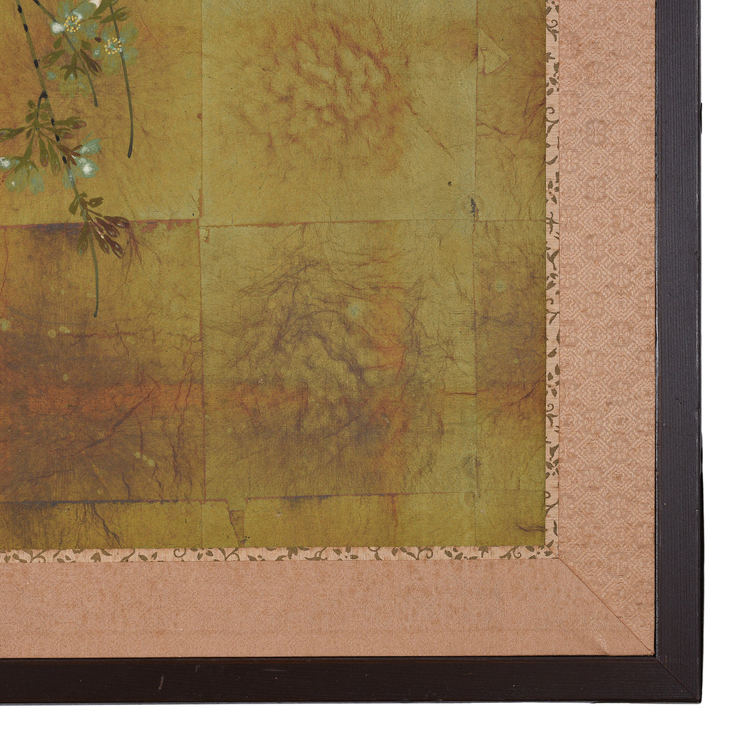 Corner Detai From Antique Japanese Four-Panel Rinpa Screen With Blossoming Tree Branch on Gold-Leaf Background