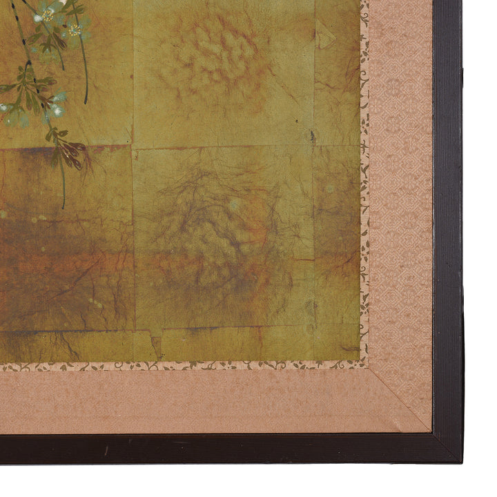Corner Detai From Antique Japanese Four-Panel Rinpa Screen With Blossoming Tree Branch on Gold-Leaf Background