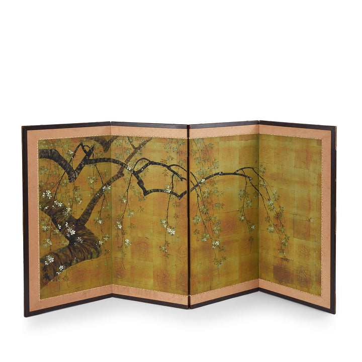 Upright View Of Antique Japanese Four-Panel Rinpa Screen With Blossoming Tree Branch on Gold-Leaf Background