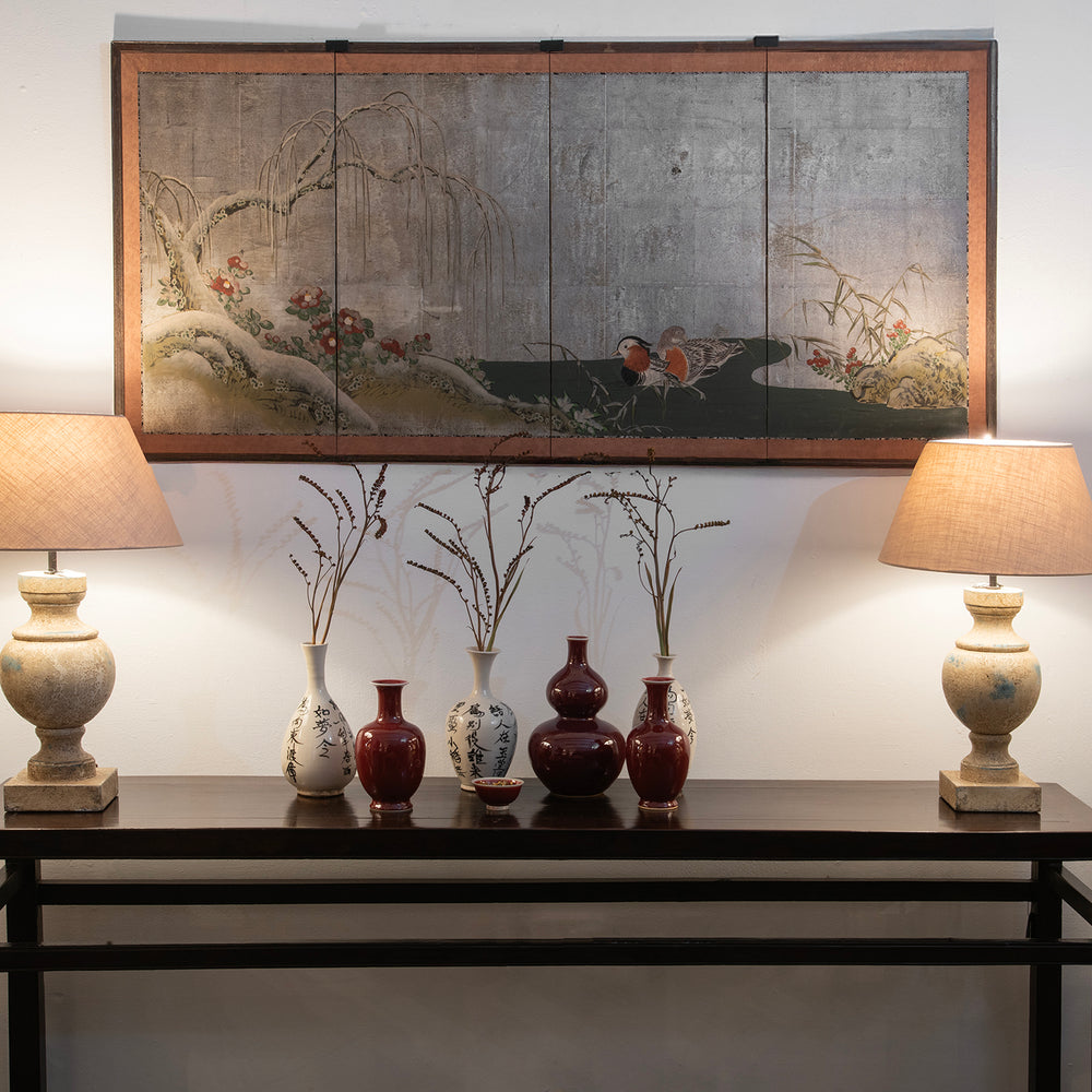 Silver Leaf Rinpa Style Japanese Byobu Screen With Willow Tree And Mandarin Ducks Edo Period Circa 1850