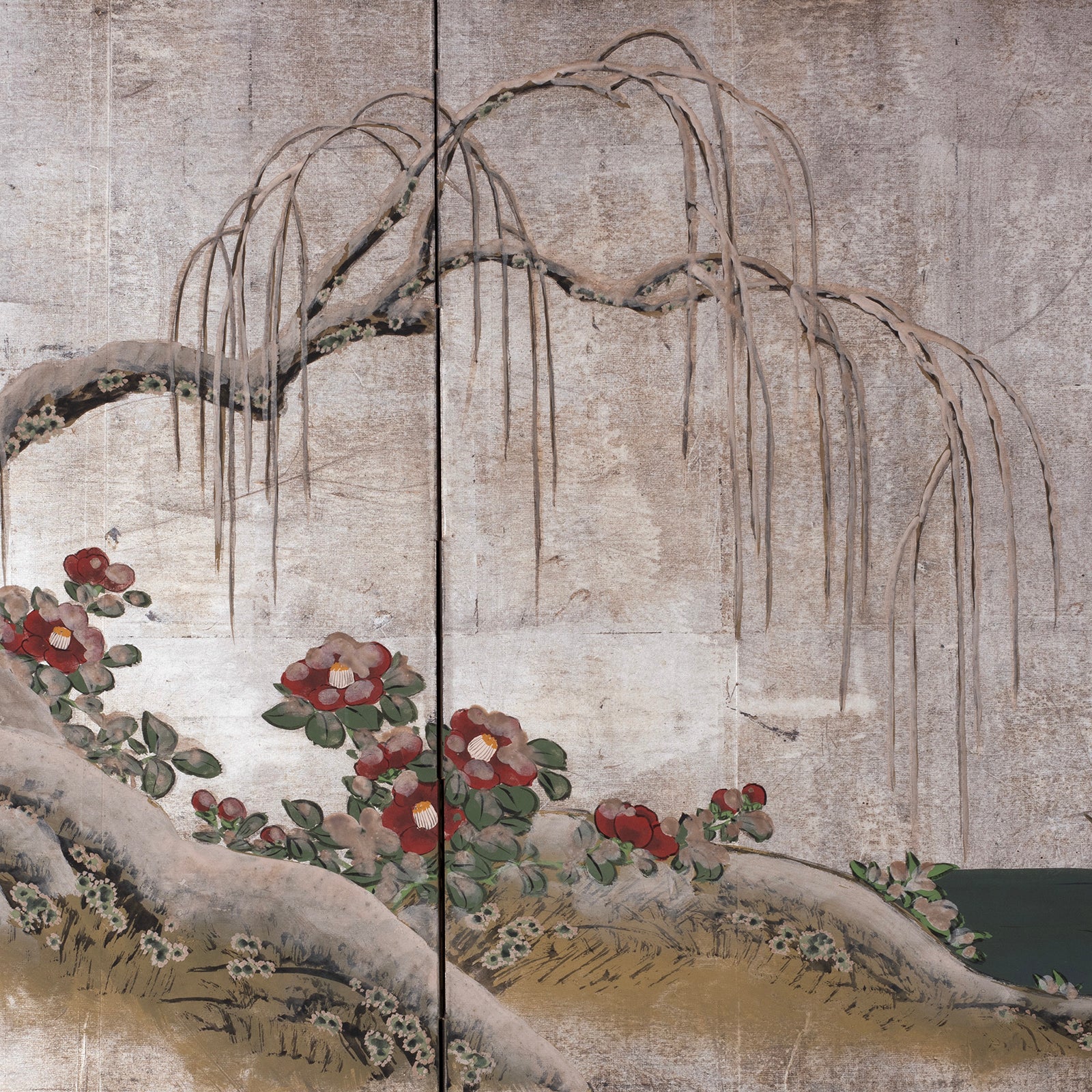 Detailed View Of Willow Tree From Silver Leaf Rinpa Style Japanese Byobu Screen With Willow Tree And Mandarin Ducks Edo Period Circa 1850