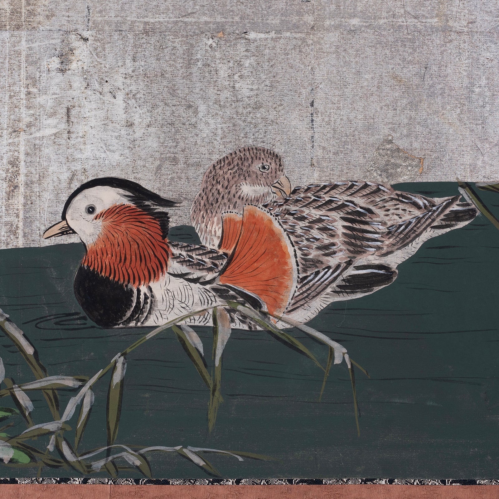 Detail View Of Mandarin Ducks From Silver Leaf Rinpa Style Japanese Byobu Screen With Willow Tree And Mandarin Ducks Edo Period Circa 1850