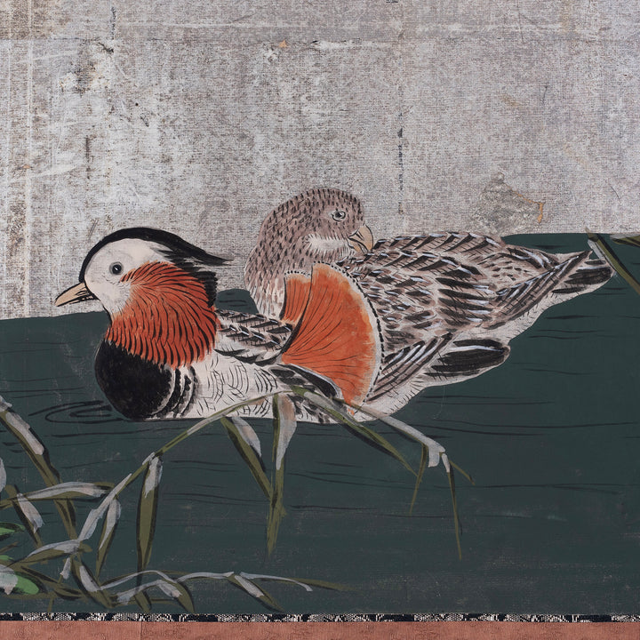 Detail View Of Mandarin Ducks From Silver Leaf Rinpa Style Japanese Byobu Screen With Willow Tree And Mandarin Ducks Edo Period Circa 1850