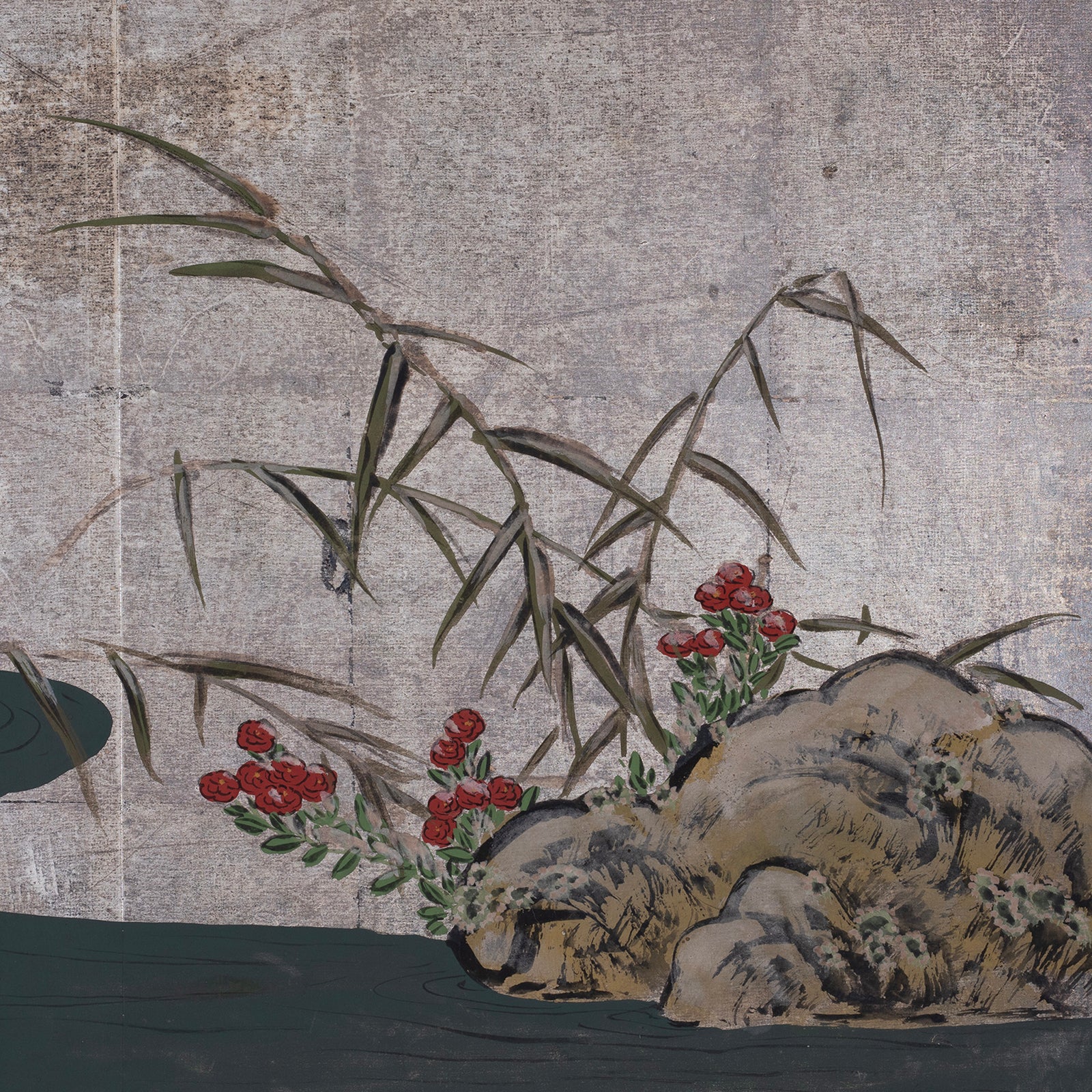 Paintwork Close Up Of Silver Leaf Rinpa Style Japanese Byobu Screen With Willow Tree And Mandarin Ducks Edo Period Circa 1850