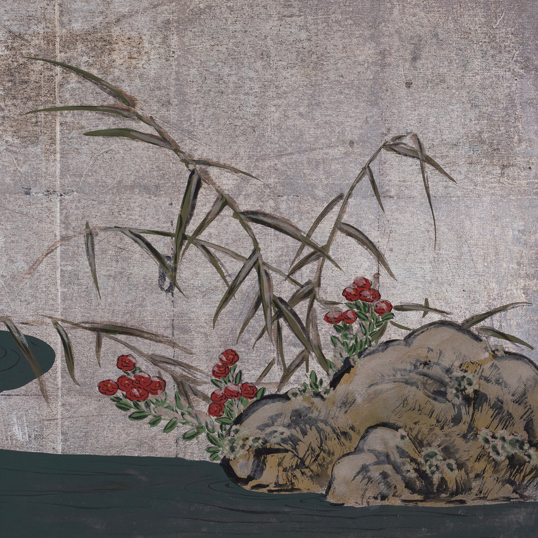 Paintwork Close Up Of Silver Leaf Rinpa Style Japanese Byobu Screen With Willow Tree And Mandarin Ducks Edo Period Circa 1850