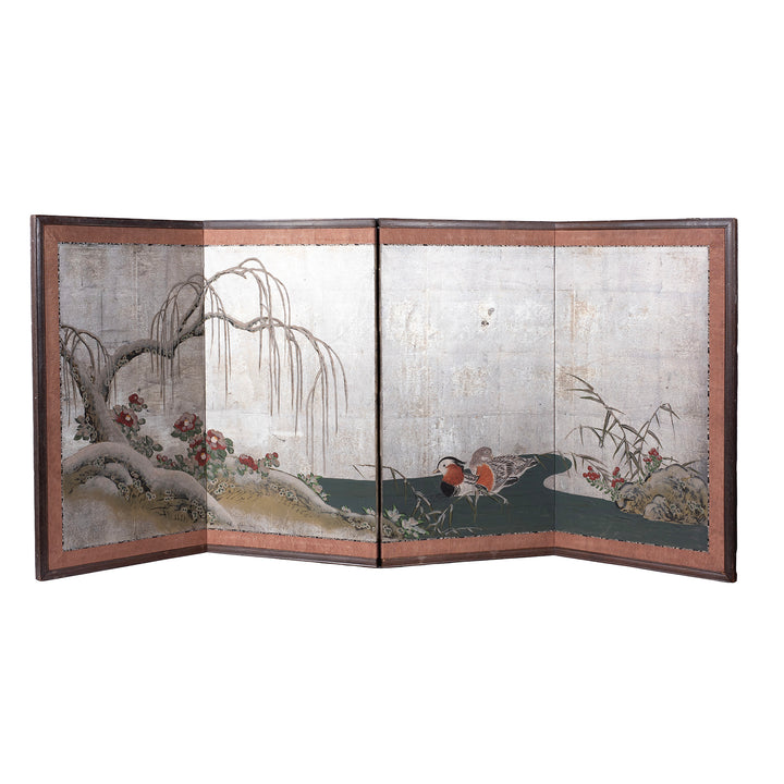 Folded View Of Silver Leaf Rinpa Style Japanese Byobu Screen With Willow Tree And Mandarin Ducks Edo Period Circa 1850