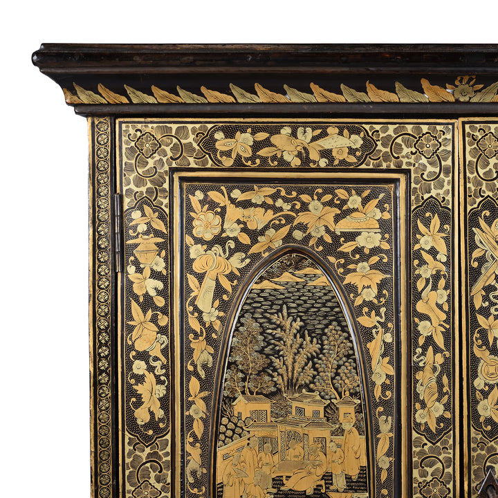 Corner Detail From Gilt Black Lacquer Canton Export Jewellery Cabinet With Painted Chinoiserie Decoration