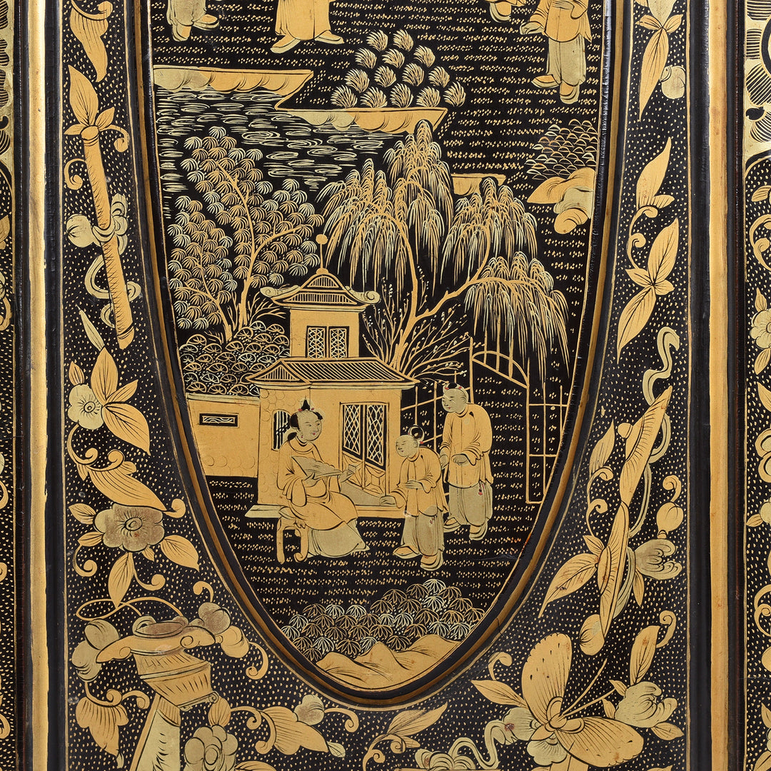 Door Artwork Detail From Gilt Black Lacquer Canton Export Jewellery Cabinet With Painted Chinoiserie Decoration