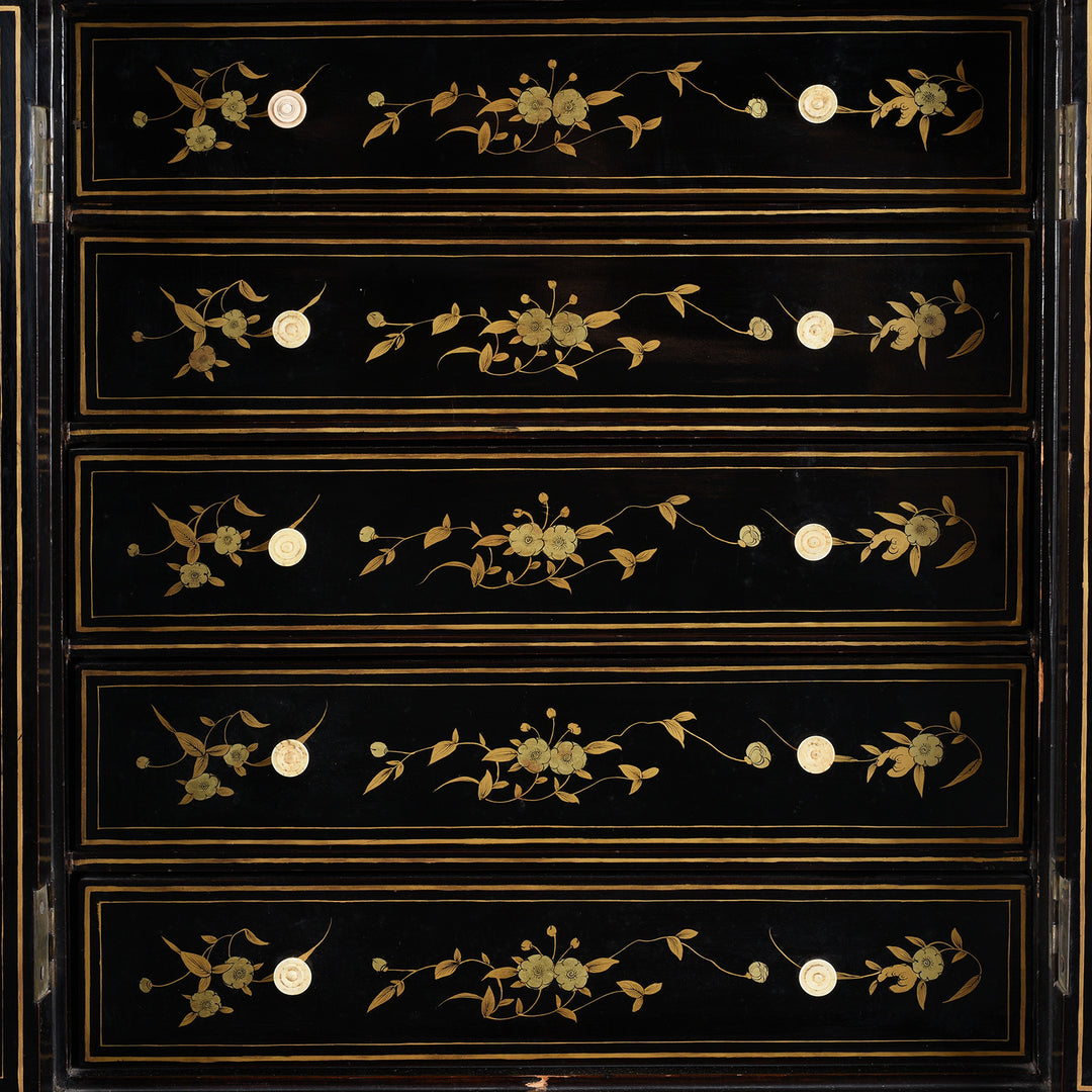 Drawer Artwork Detail From Gilt Black Lacquer Canton Export Jewellery Cabinet With Painted Chinoiserie Decoration