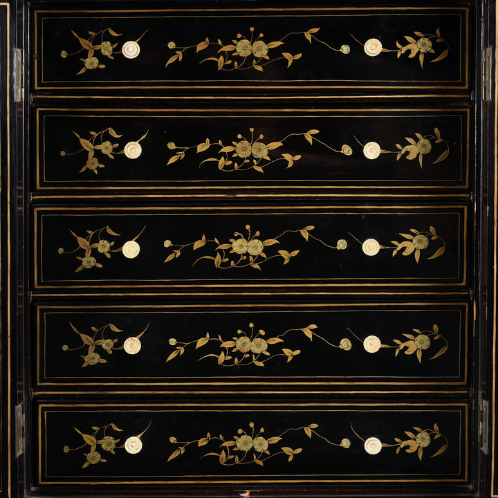 Drawer Artwork Detail From Gilt Black Lacquer Canton Export Jewellery Cabinet With Painted Chinoiserie Decoration