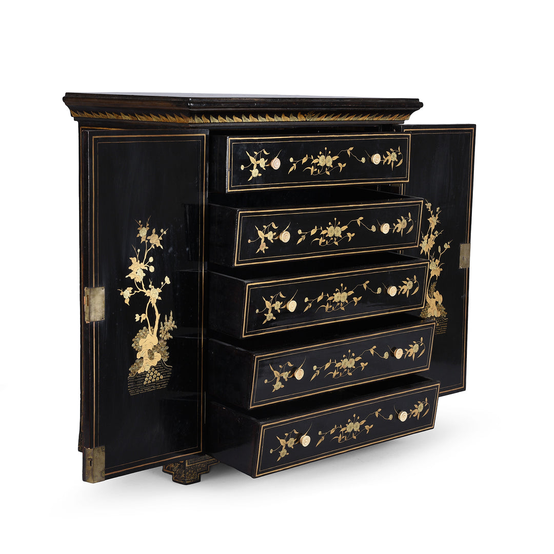 Open Drawers View Of Gilt Black Lacquer Canton Export Jewellery Cabinet With Painted Chinoiserie Decoration