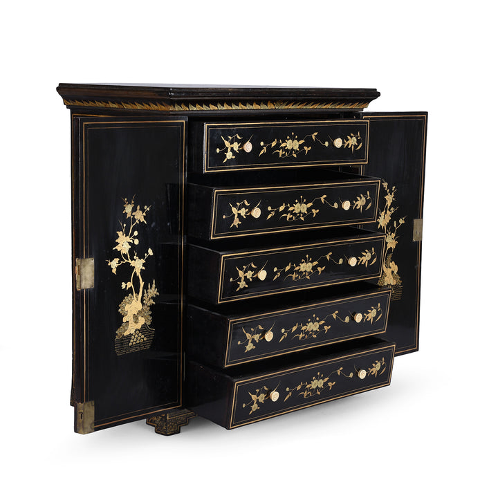 Open Drawers View Of Gilt Black Lacquer Canton Export Jewellery Cabinet With Painted Chinoiserie Decoration