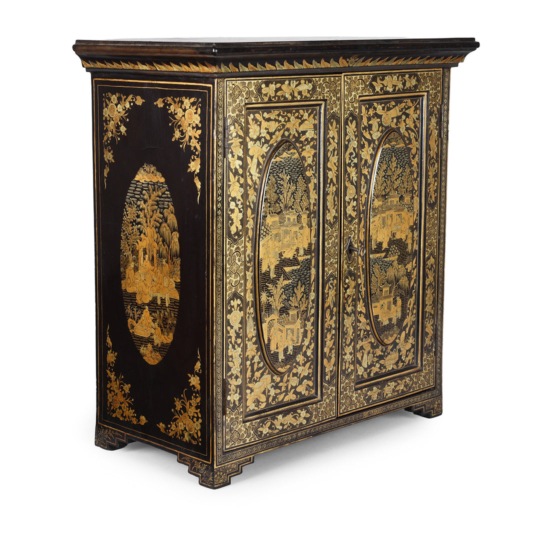 Angled View Of Gilt Black Lacquer Canton Export Jewellery Cabinet With Painted Chinoiserie Decoration