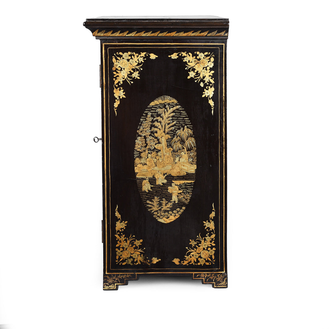Side View Of Gilt Black Lacquer Canton Export Jewellery Cabinet With Painted Chinoiserie Decoration