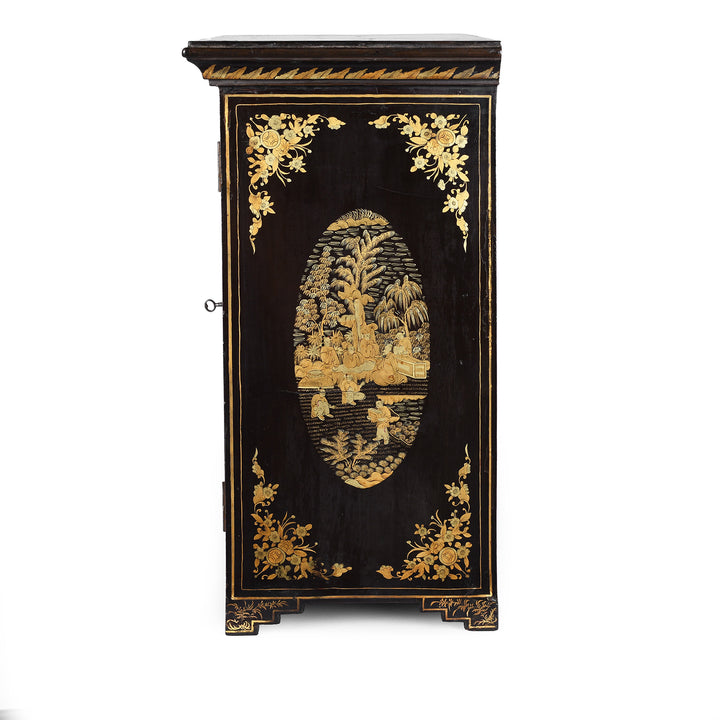 Side View Of Gilt Black Lacquer Canton Export Jewellery Cabinet With Painted Chinoiserie Decoration