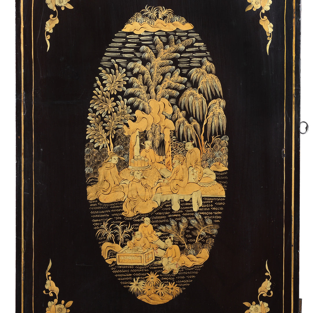 Detail From Side Artwork On Gilt Black Lacquer Canton Export Jewellery Cabinet With Painted Chinoiserie Decoration