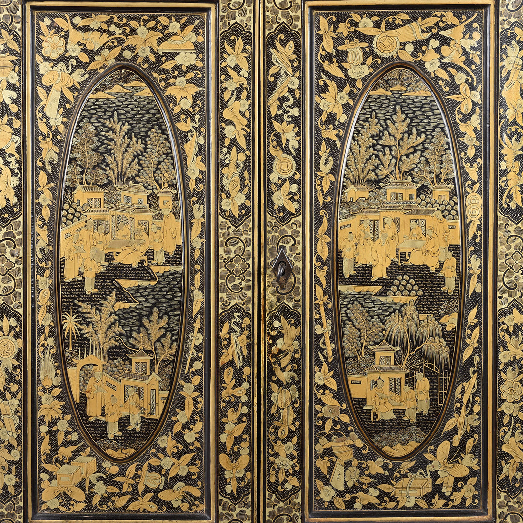 Doors Artwork Detail From Gilt Black Lacquer Canton Export Jewellery Cabinet With Painted Chinoiserie Decoration