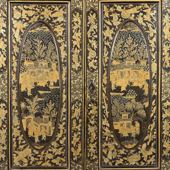 Doors Artwork Detail From Gilt Black Lacquer Canton Export Jewellery Cabinet With Painted Chinoiserie Decoration
