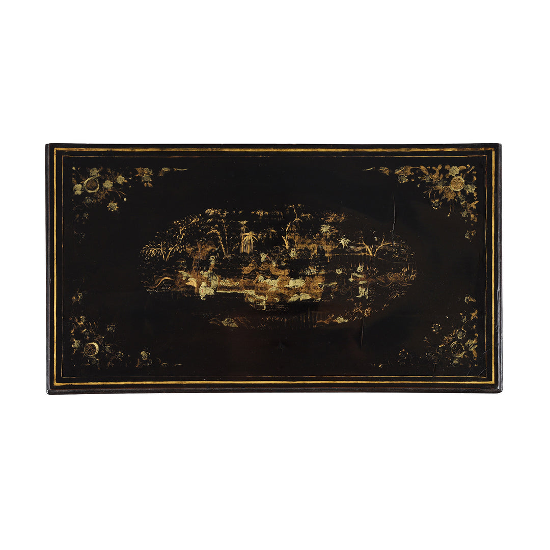 Top Down View Of Gilt Black Lacquer Canton Export Jewellery Cabinet With Painted Chinoiserie Decoration