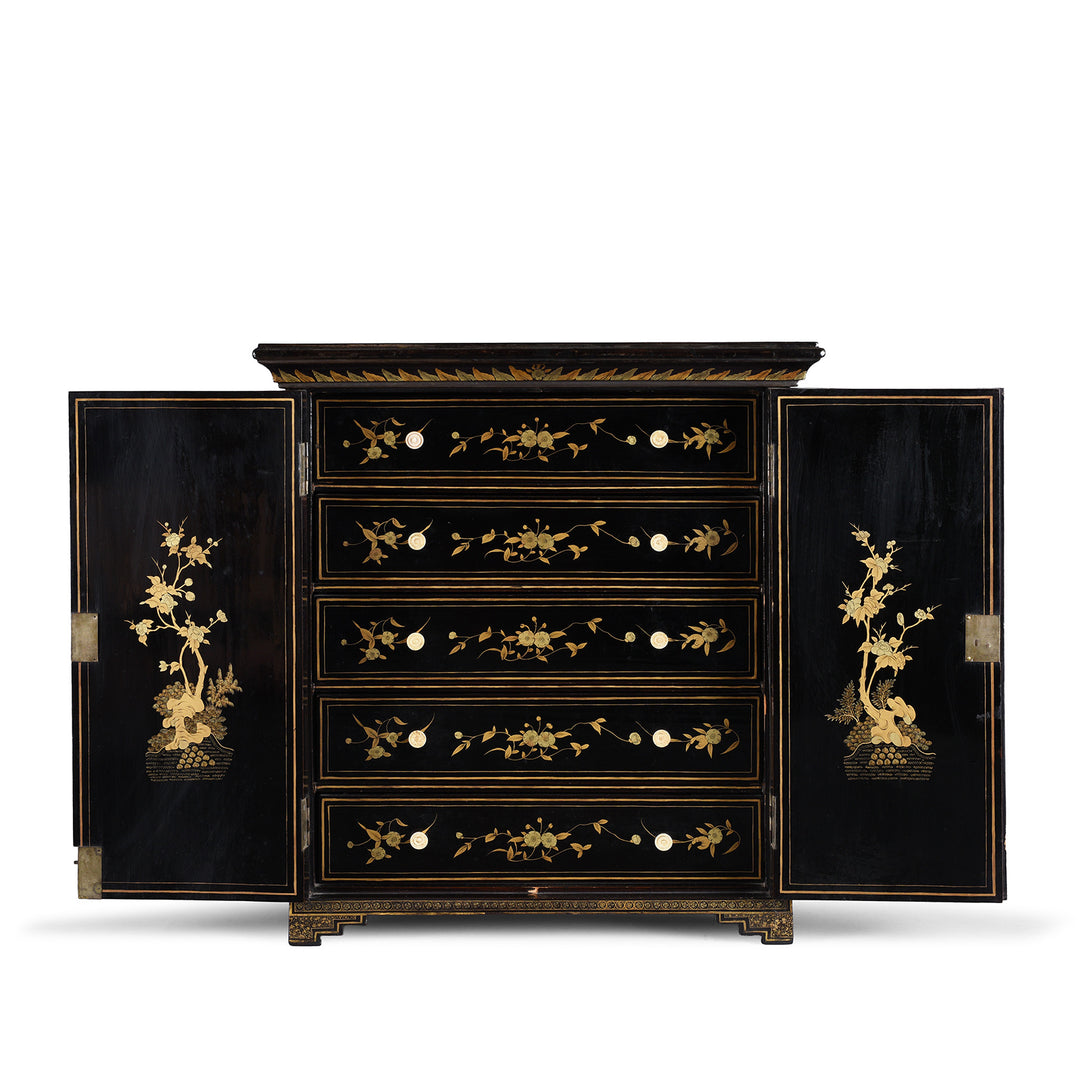 Interior Of Gilt Black Lacquer Canton Export Jewellery Cabinet With Painted Chinoiserie Decoration