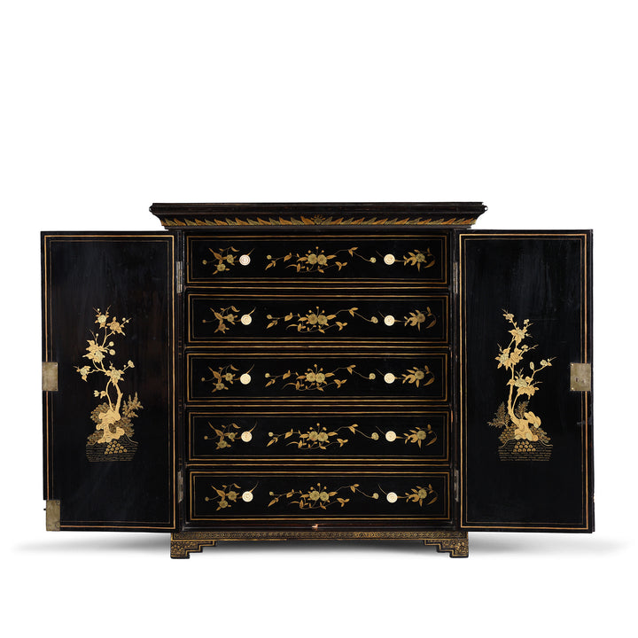 Interior Of Gilt Black Lacquer Canton Export Jewellery Cabinet With Painted Chinoiserie Decoration