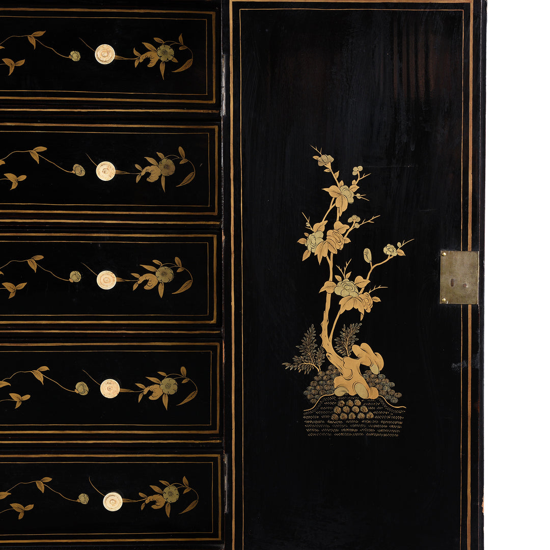 Inner Door Artwork Detail From Gilt Black Lacquer Canton Export Jewellery Cabinet With Painted Chinoiserie Decoration