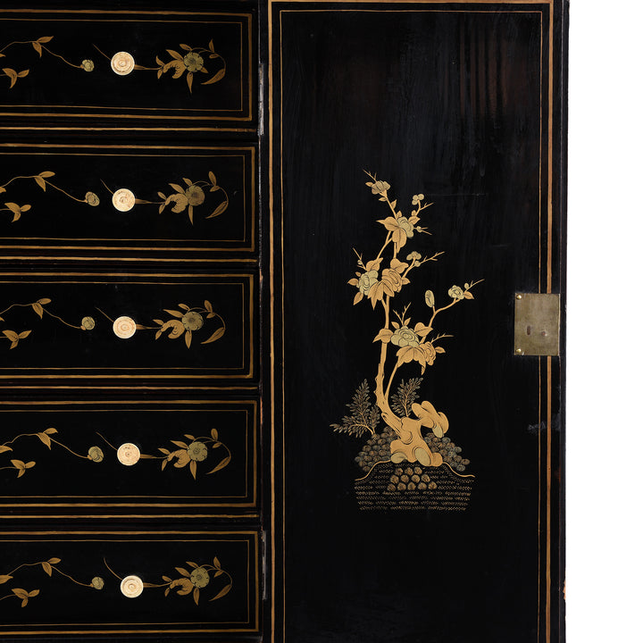 Inner Door Artwork Detail From Gilt Black Lacquer Canton Export Jewellery Cabinet With Painted Chinoiserie Decoration