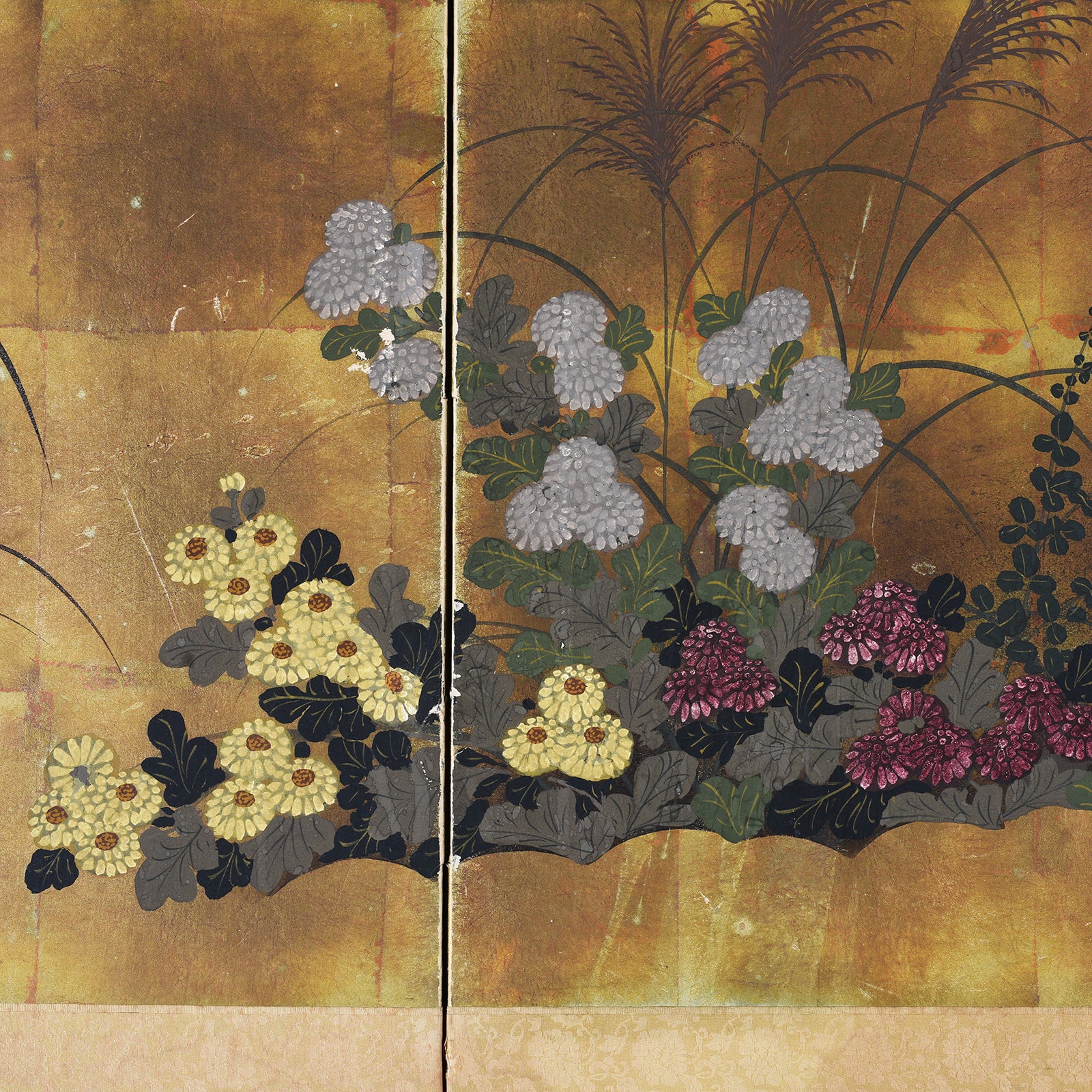 Flowers Detail From Early 20th-century Japanese byōbu screen with gold leaf background and Rinpa-style autumn grasses, chrysanthemums, bellflowers, and bush clover