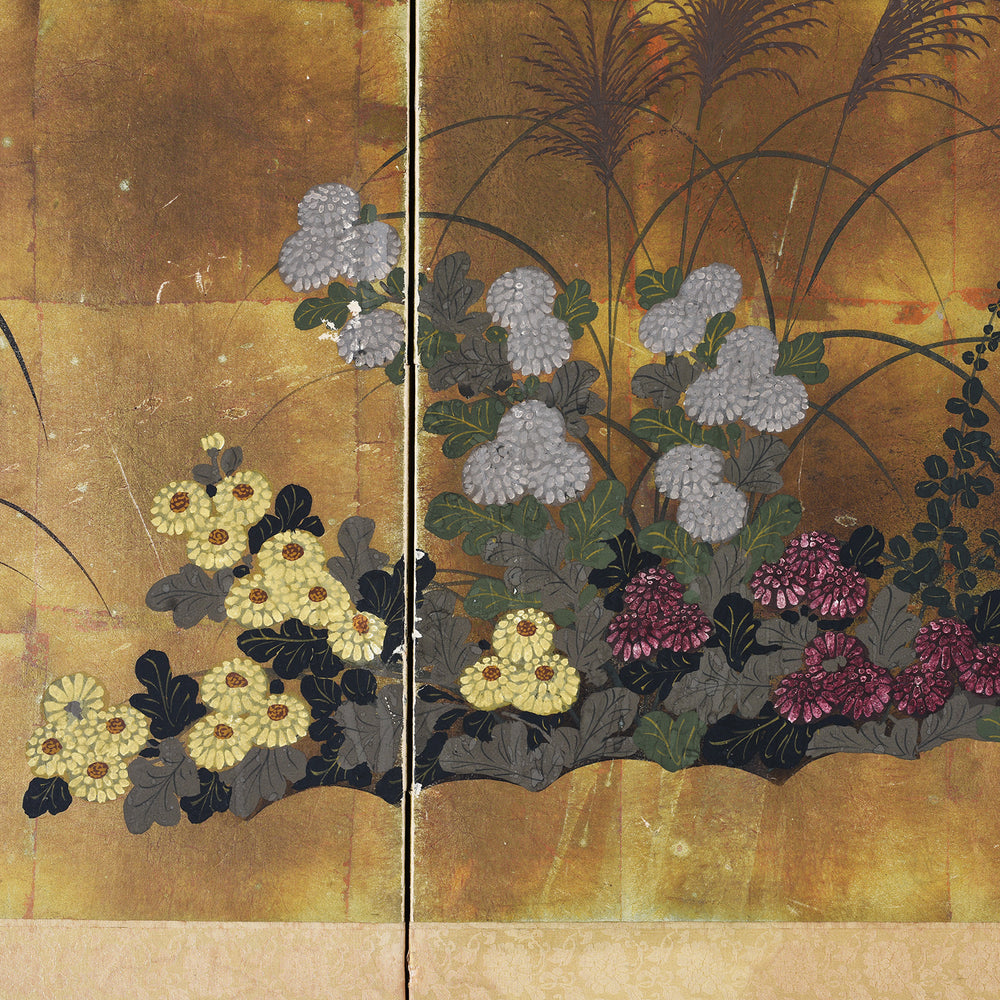 Flowers Detail From Early 20th-century Japanese byōbu screen with gold leaf background and Rinpa-style autumn grasses, chrysanthemums, bellflowers, and bush clover