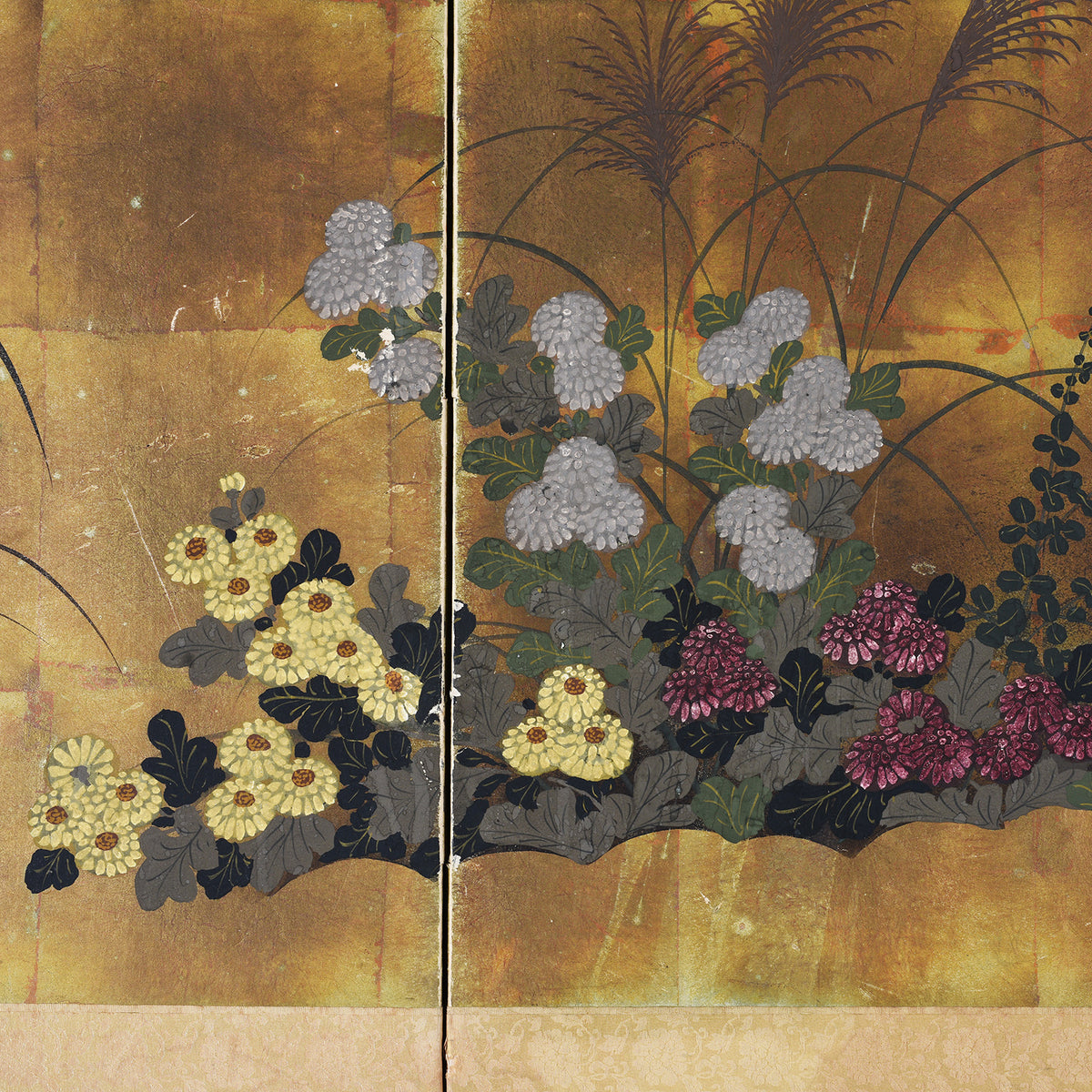 Flowers Detail From Early 20th-century Japanese byōbu screen with gold leaf background and Rinpa-style autumn grasses, chrysanthemums, bellflowers, and bush clover
