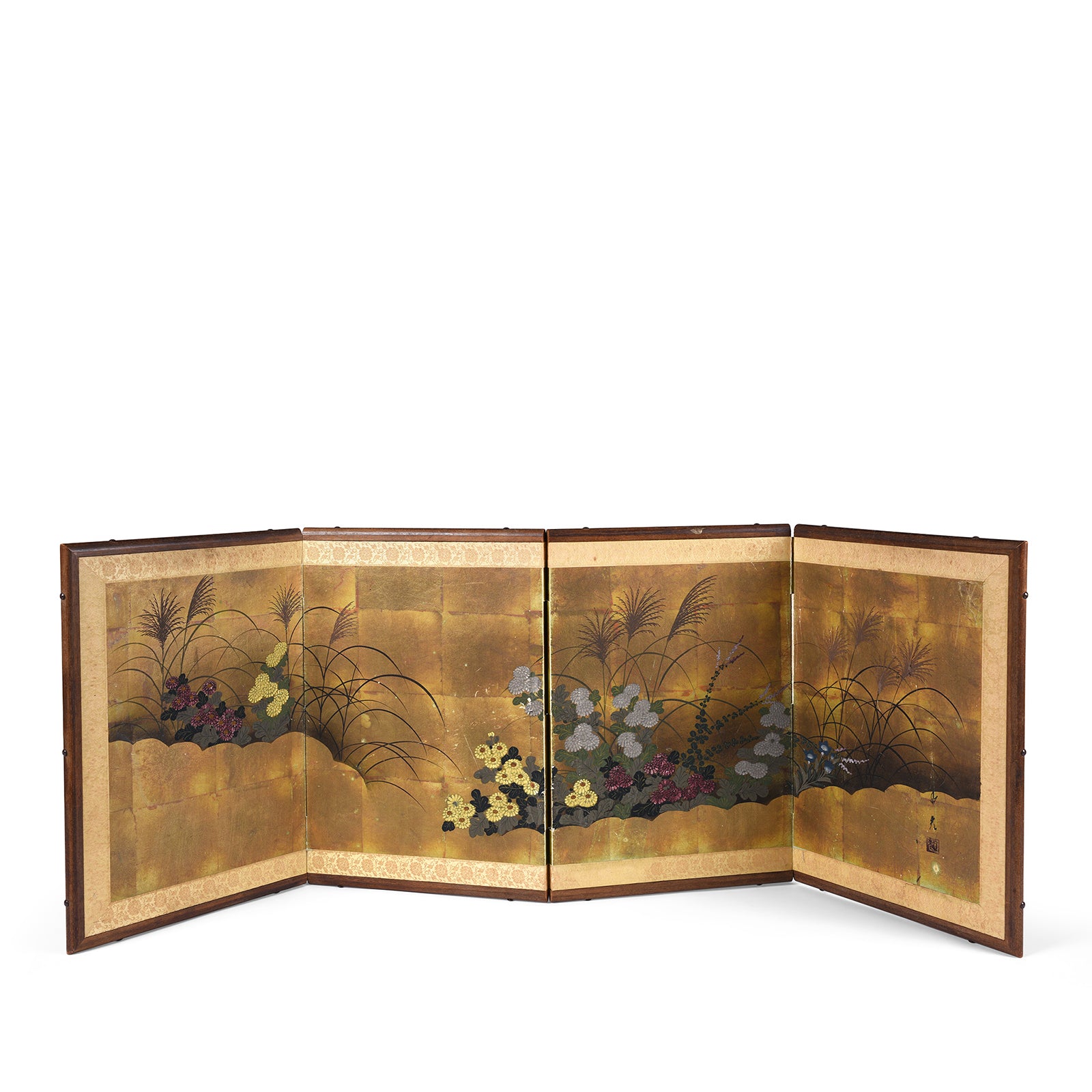 Upright View Of Early 20th-century Japanese byōbu screen with gold leaf background and Rinpa-style autumn grasses, chrysanthemums, bellflowers, and bush clover