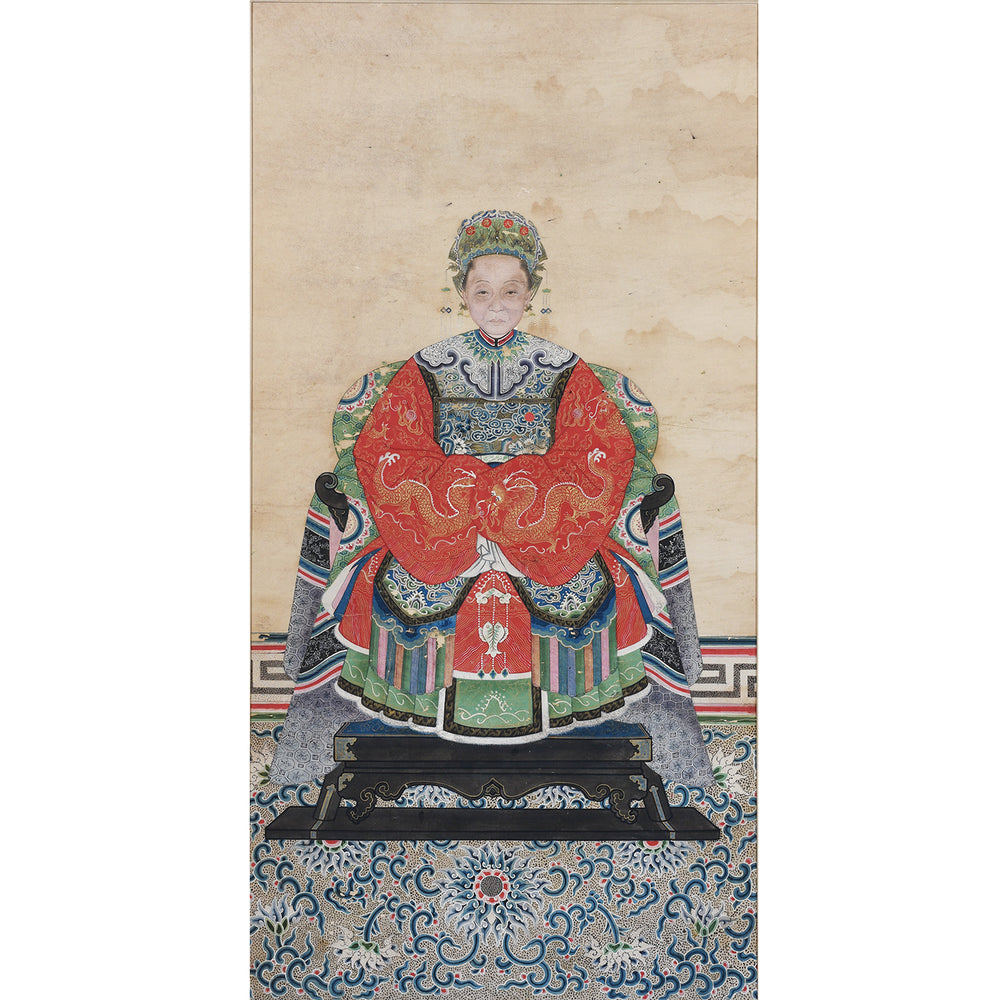 Print Only View Of Framed Chinese Ink And Colour On Paper Painting Of A Manchurian Lady Seated In Elaborate Court Robes