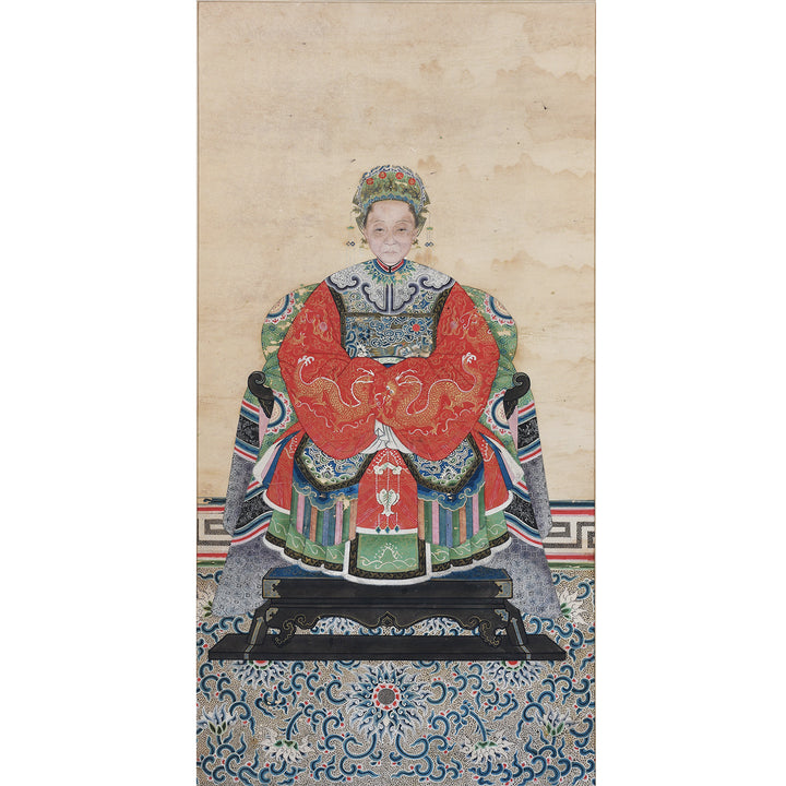 Print Only View Of Framed Chinese Ink And Colour On Paper Painting Of A Manchurian Lady Seated In Elaborate Court Robes