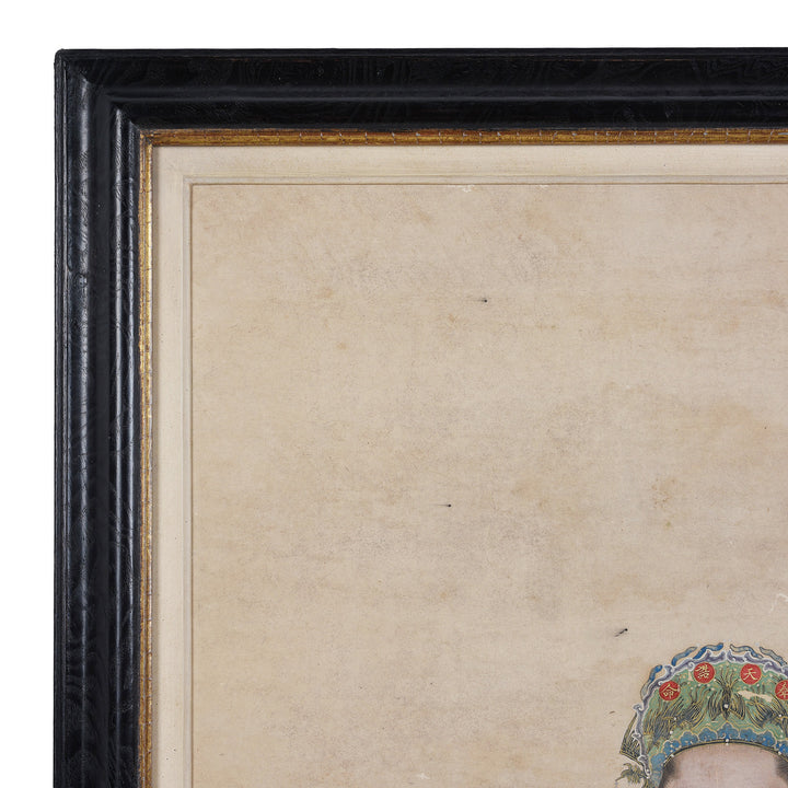 Corner Detail From Framed Chinese Ink And Colour On Paper Painting Of A Manchurian Lady Seated In Elaborate Court Robes