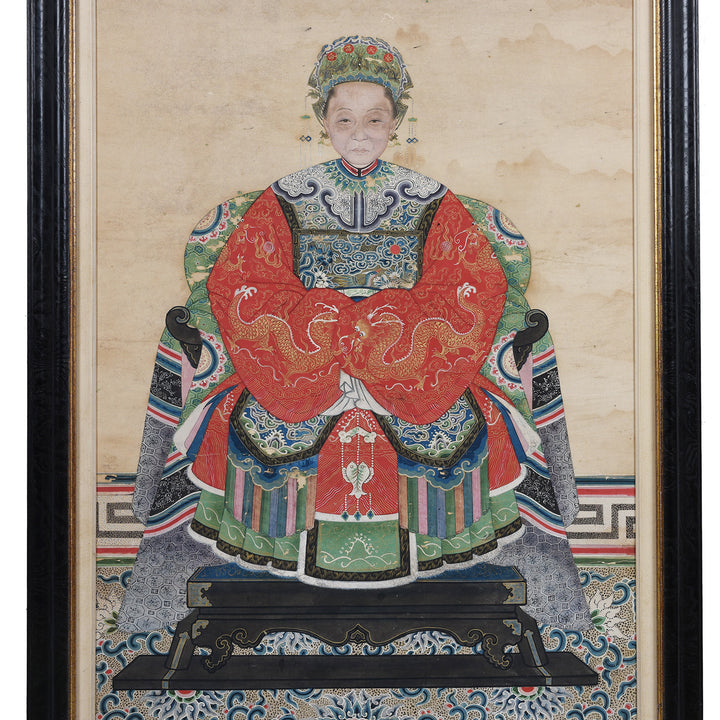 Detail From Framed Chinese Ink And Colour On Paper Painting Of A Manchurian Lady Seated In Elaborate Court Robes